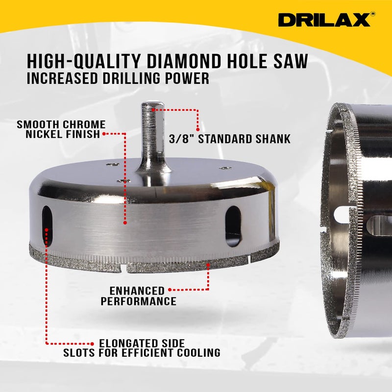 DRILAX منشار ثقب ماسي Drilax 3-1/2" للبلاط، البورسلين، السيراميك، الزجاج، الجرانيت والحجر | بت دقيق لتركيبات الصنابير، الإضاءة المدمجة، صمامات الدش والأسطح | قاطع أساسي احترافي - Image 4